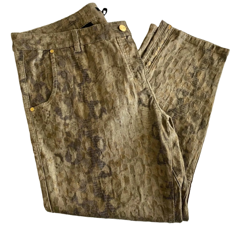 Escada Olive Green Cropped Jeans with Subtle Animal Print